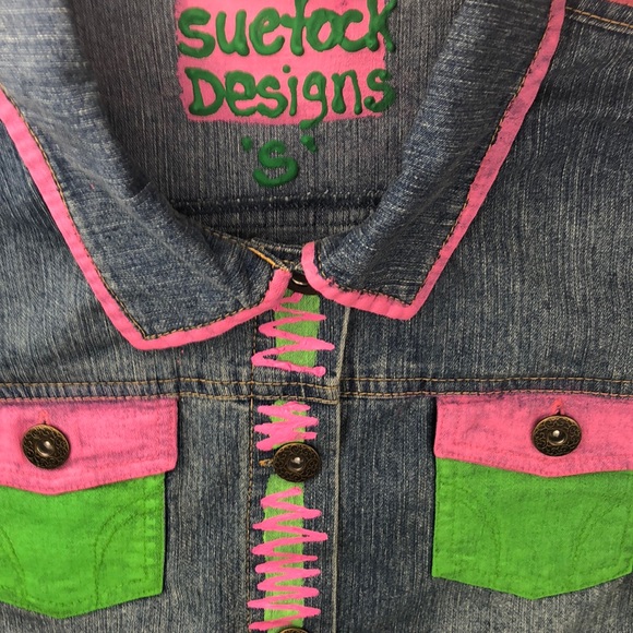 NWOT Jean Jacket Coat Hand Designed, Size Small, pink, chartreuse washable - Picture 3 of 8
